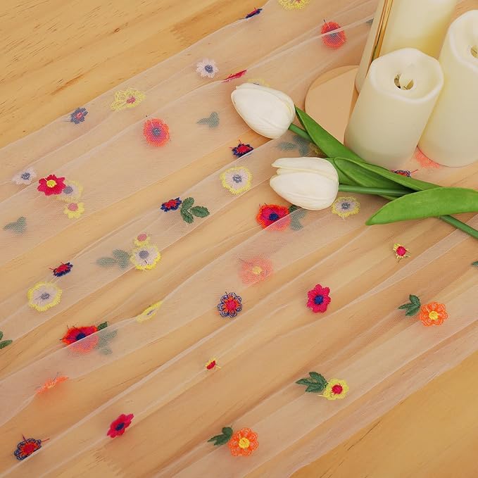 BINBE 12pcs Daisy Fall Table Runner Embroidery Gauze 10FT Florals Seasonal Tulle Holiday Birthday Kitchen Dining Table Decor for Home Party Champagne