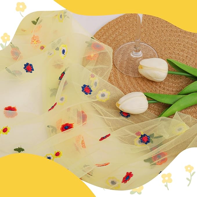 BINBE 12pcs Daisy Fall Table Runner Embroidery Gauze 10FT Florals Seasonal Tulle Holiday Birthday Kitchen Dining Table Decor for Home Party Yellow