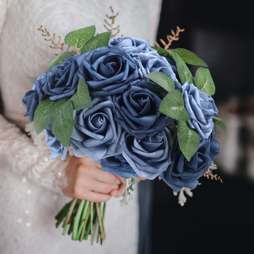 100 Pcs Artificial Rose Flowers, Dusty Blue Shades