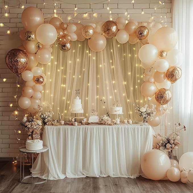 Tulle Backdrop Curtain with Lights String 20 X 8FT Champagne Sheer Tulle Backdrop Curtains for Wedding Birthday Party Reception Photo Booth Background Decorations (4 Panels 5x8FT)