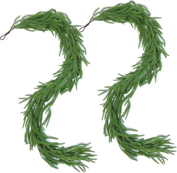 Hananona 2 Pcs 6 Ft Artificial Norfolk Pine Garlands, Real Touch Winter Pine Garland, Green Artificial Greenery Garland for Table, Mantle, Wall, Indoor, Outdoor Christmas Decorations (2, 6 FT)