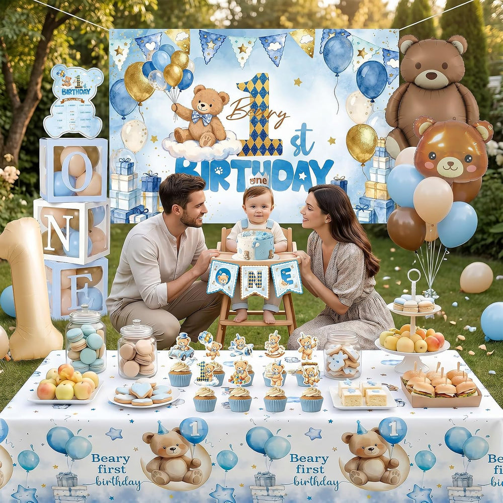 365 Pcs Beary First Birthday Decorations for Boy Blue Bear All-in-One Set