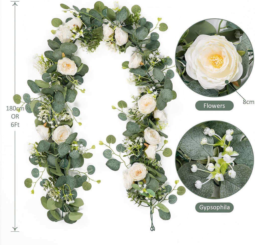 TOCHGREEN 4 Pack Artificial Eucalyptus Flower Garland with White Roses