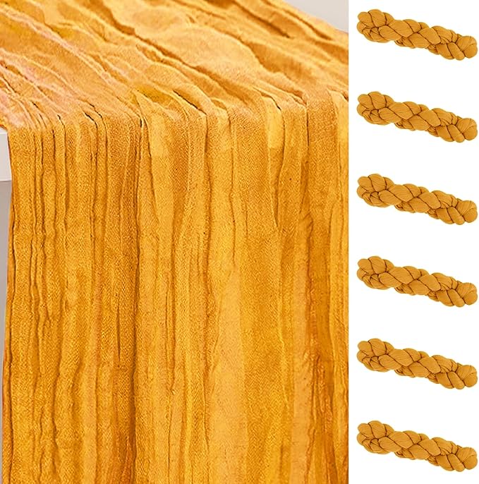 6 Pack Gold Cheesecloth Table Runner 35x120 Inch 10Ft Rustic Gauze Cheese Cloth Table Runner Sheer Cheesecloth Table Runners for Wedding Party Bridal Shower Decoration