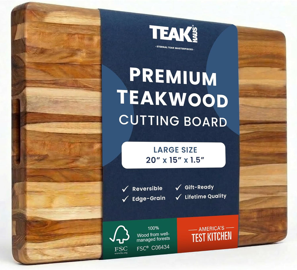 Teakhaus Edge-Grain Teak Wood Cutting Board with Grip Handles, Large