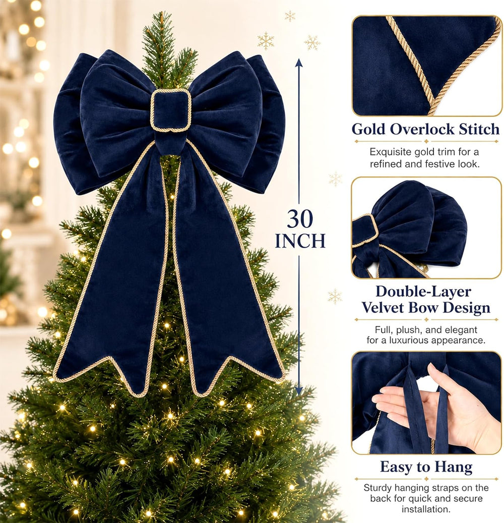 30'' Navy Blue Christmas Tree Topper Velvet Bows Decor with Gold Trim