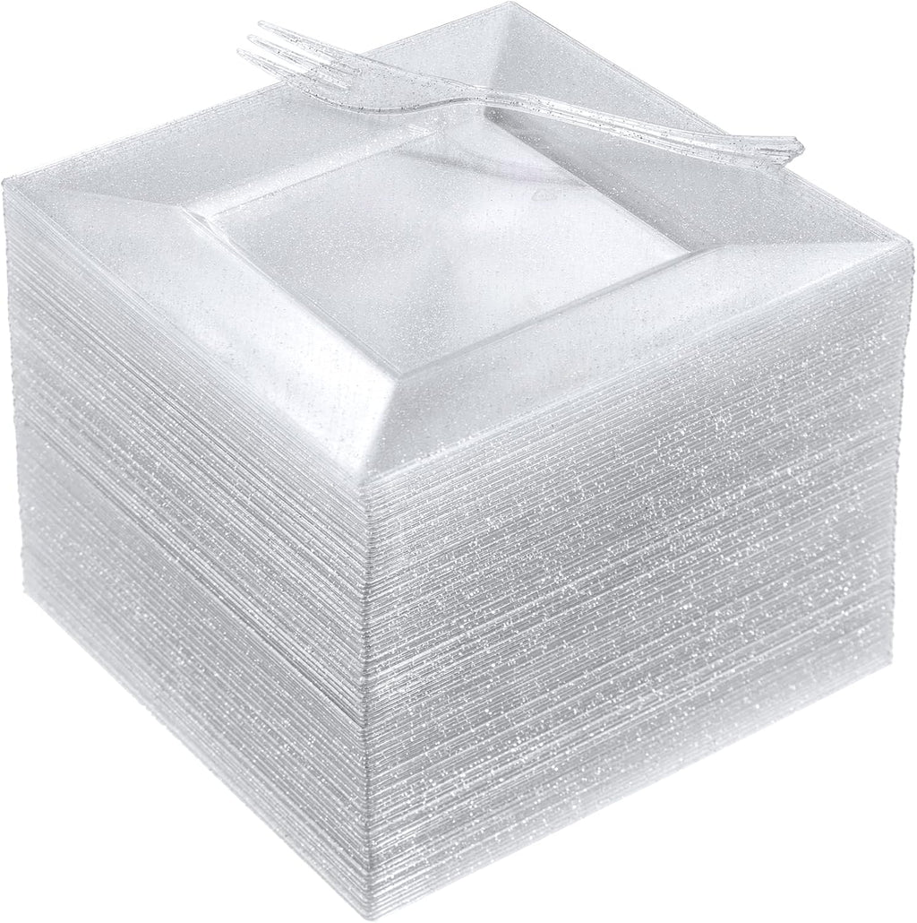 DaYammi 200Pcs Dessert Plates Set Including:100Pcs Cake Plates 6" with 100Pcs Silver Forks 5.7"- Silver Glitter Disposable Square Plate,Appetizer Plates and Forks Combo Bulk Set for Party Wedding