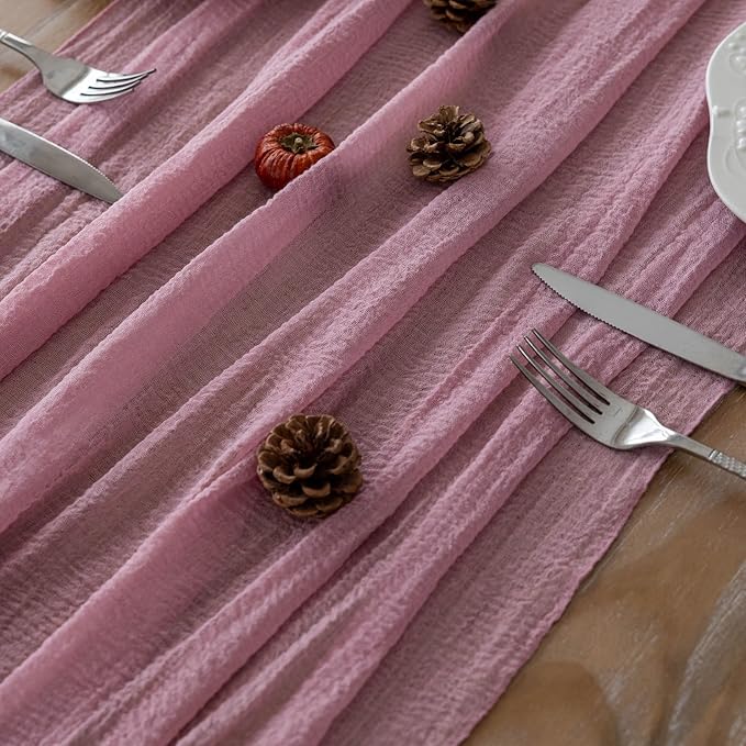 3pcs Cheesecloth Table Runner Dusty Rose Gauze 120 Inch 10 FT Rustic Boho Cheese Cloth Runner for Wedding Baby Shower Bridal Shower Party Long Sheer Centerpiece Fall Home Decoration
