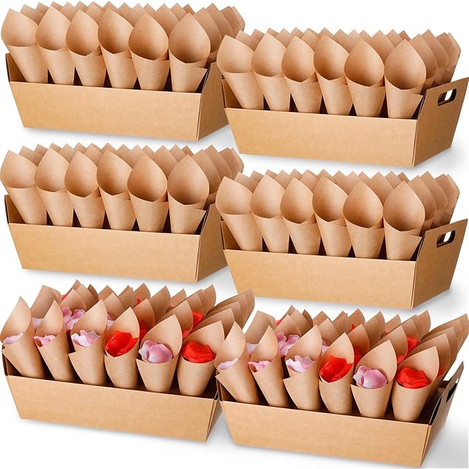 6 Set Wedding Confetti Cone Holder Box Each Includes 30 Pieces of Cone Papers and 30 Holes for 30 Confetti Cones Box Party Confetti Cone Kraft Stand Tray Box for Wedding Party Candy Flower