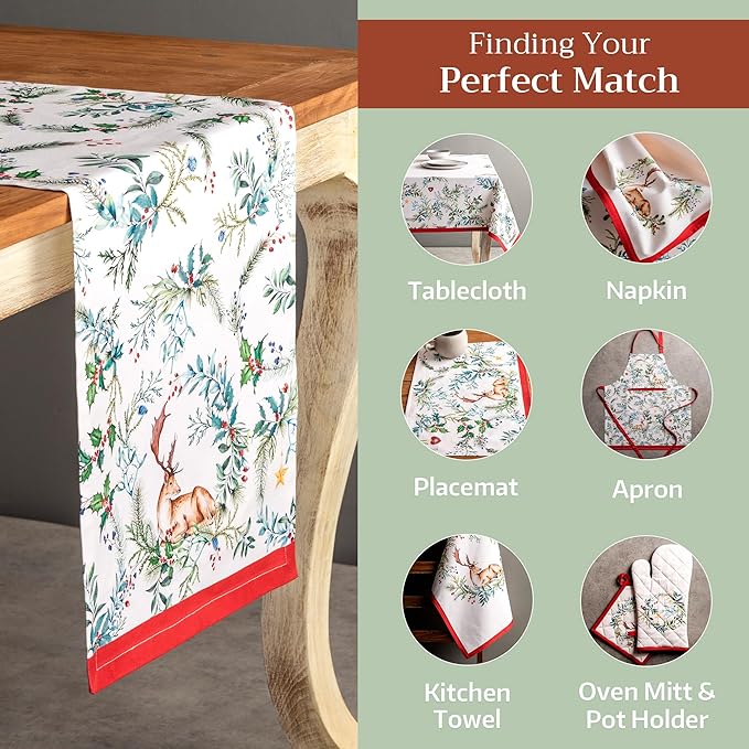 Maison d' Hermine Table Runner 100% Cotton Single Layer Table Runners 108 inches Long for Thanksgiving Christmas Decorations Home Kitchen Dining Party Wedding (Holly Time, 14.5" x 108")