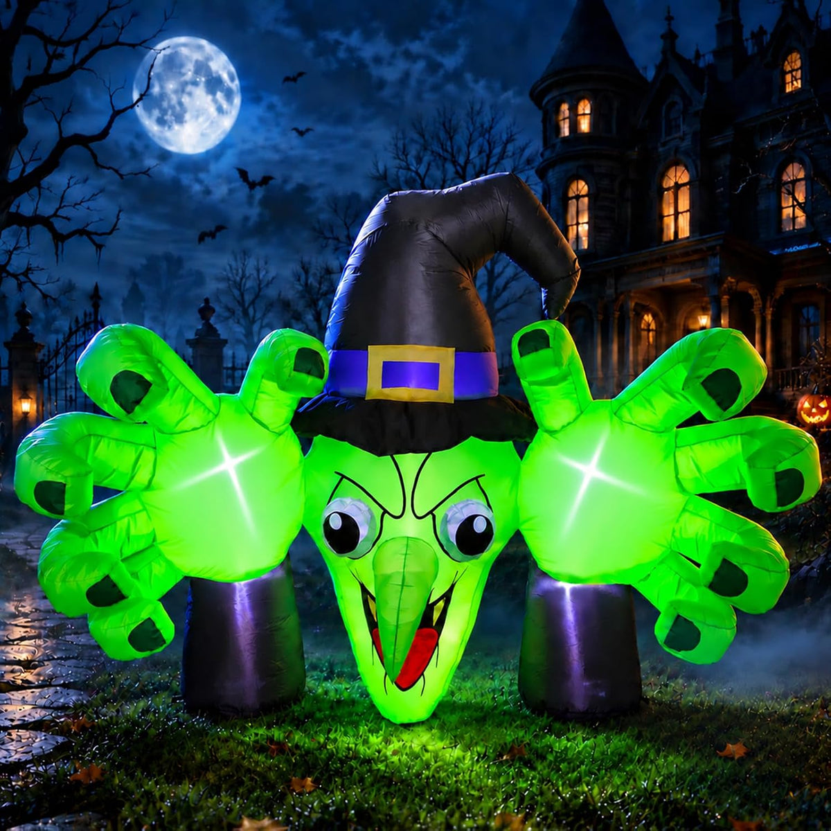 6FT Giant Halloween Inflatables Wicked Witch with Huge Grabbing Hands, LED Halloween Blow Ups Decorations, Creepy Inflatable Halloween Decorations Outdoor for Yard, Lawn, Garden, Porch and Party