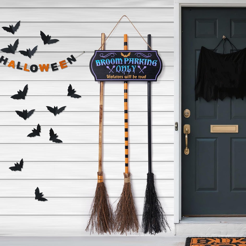 JOYIN Halloween Broom Parking Sign with 3pcs Wooden Witches Brooms, Halloween Decorations Outdoor, Wooden Warning Sign for Front Porch Wall Decor Home Office Indoor