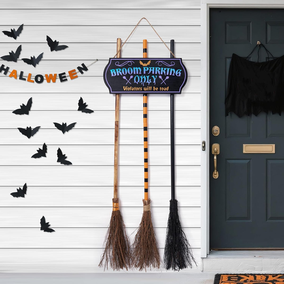 JOYIN Halloween Broom Parking Sign with 3pcs Wooden Witches Brooms, Halloween Decorations Outdoor, Wooden Warning Sign for Front Porch Wall Decor Home Office Indoor