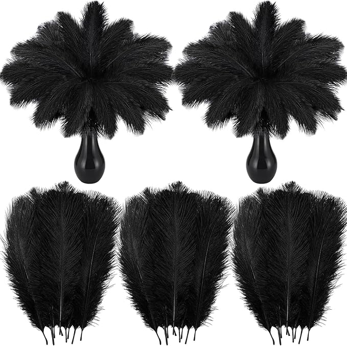 Crowye 60 Pcs Ostrich Feathers Bulk for Centerpieces Craft Ostrich Feathers for Vase Wedding Masquerade Party Home Costume Decorations (10-12 Inch,Black)