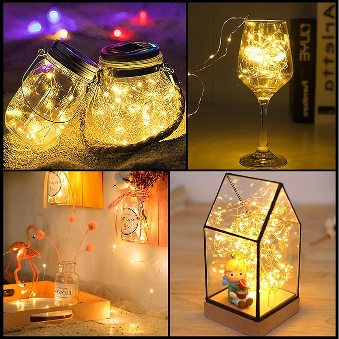 24 Pack Led Fairy Lights - Warm White, Battery Operated LED Silver Wire String Lights, 7FT 20LED Mini Firefly Starry String Lights Waterproof Led Twinkle Lights for Mason Jar DIY Christmas Decor
