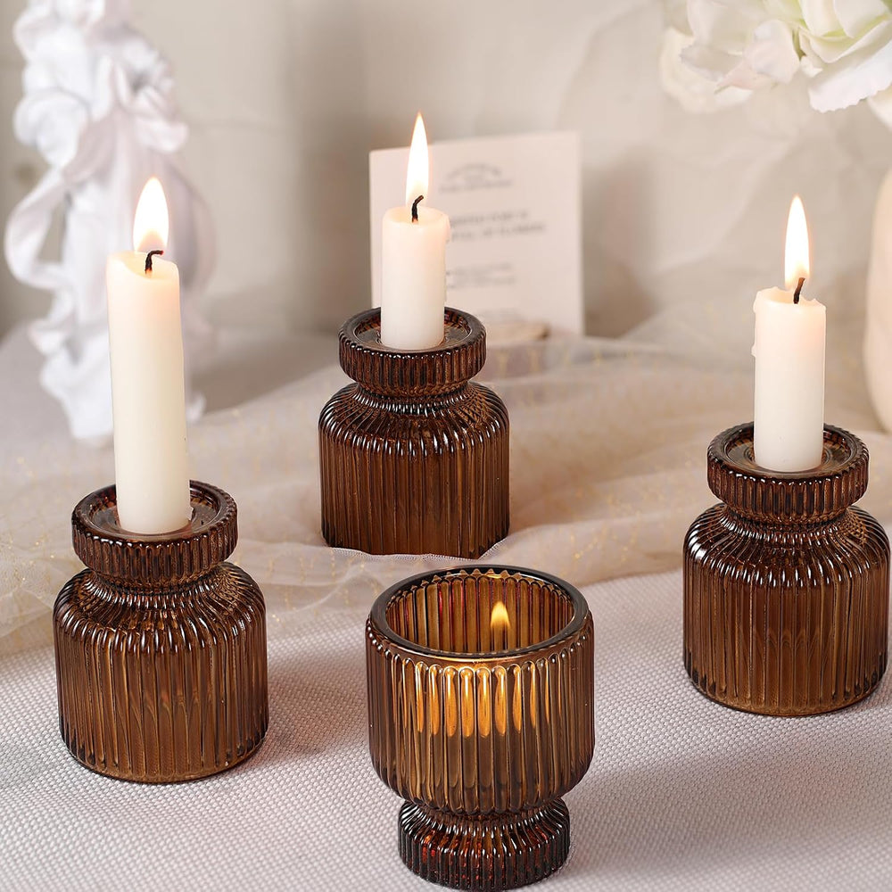 12 Pcs Glass Candlestick Holders- Amber Taper Candlestick Holders Tealight Vo...