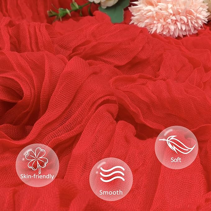 12 Pack Red Cheesecloth Christmas Table Runner 10ft Boho Gauze Fabric Cheese Cloth Table Runner 35 x 120 Inch Rustic Sheer Runner for Wedding Home Decor Holiday Party Table Centerpiece Decoration