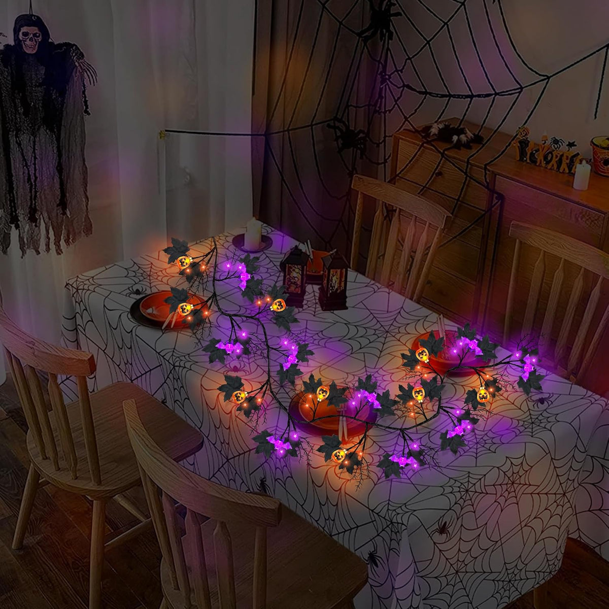 9FT 72 LED Halloween Willow Vine Twig Decor Black Halloween Garland with Pumpkin Bat Orange & Purple Light, 8 Modes Waterproof Battery Operated Halloween Lights Indoor Halloween Decorations Wall Table