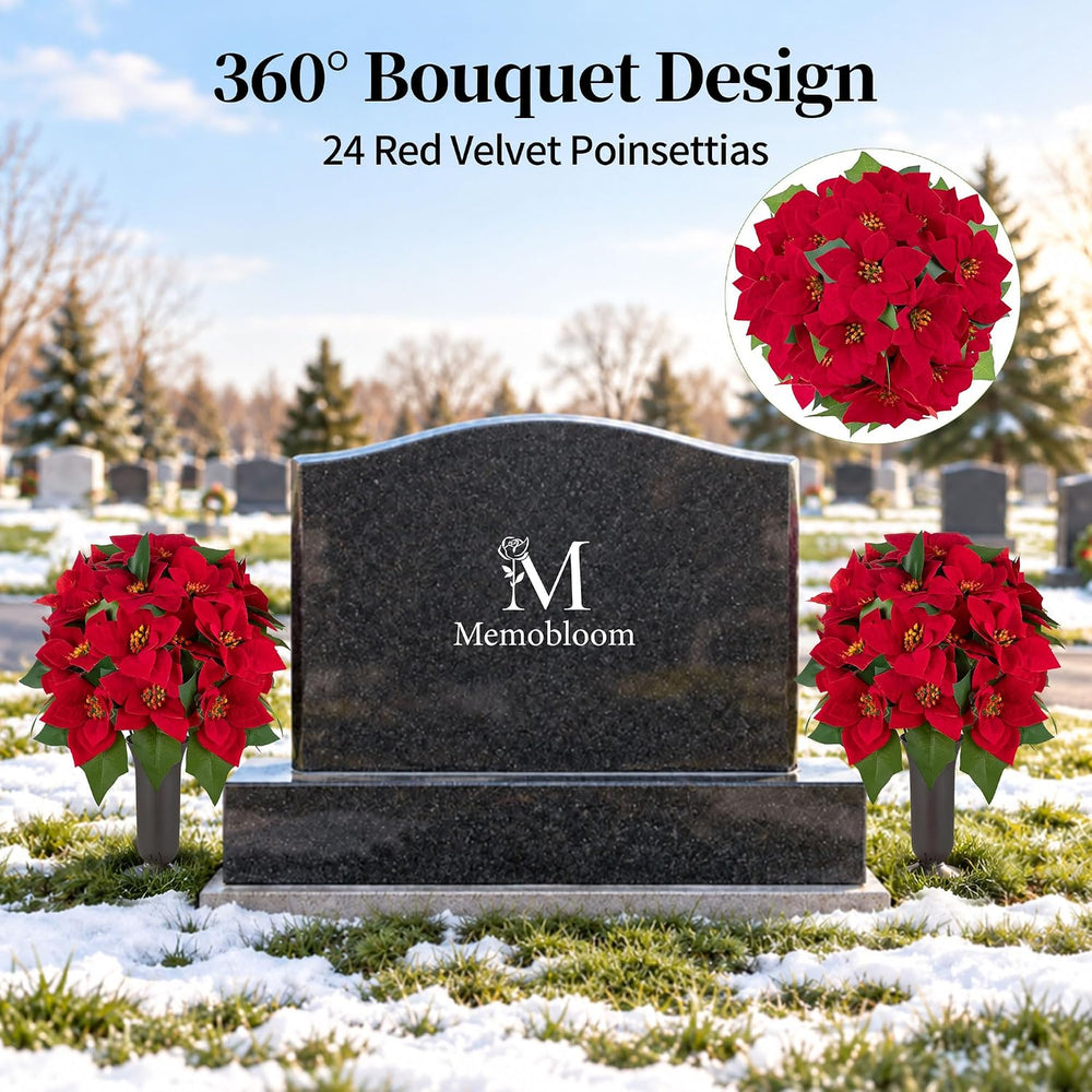 Christmas Cemetery Flowers for Grave: Poinsettia, 2 Pcs with Vase