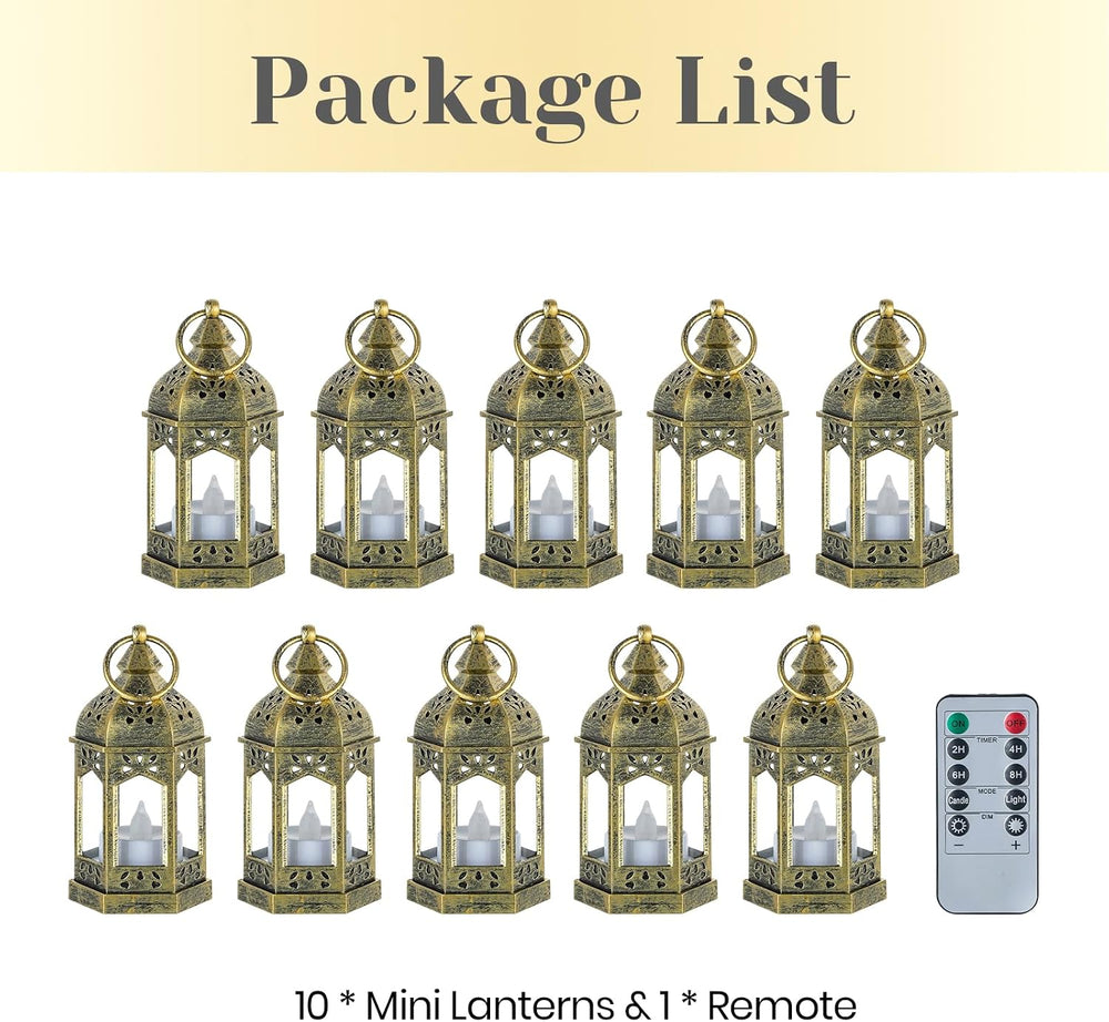 Hewory 10PCS Gold Mini Lanterns for Party Decoration, Remote LED Candles