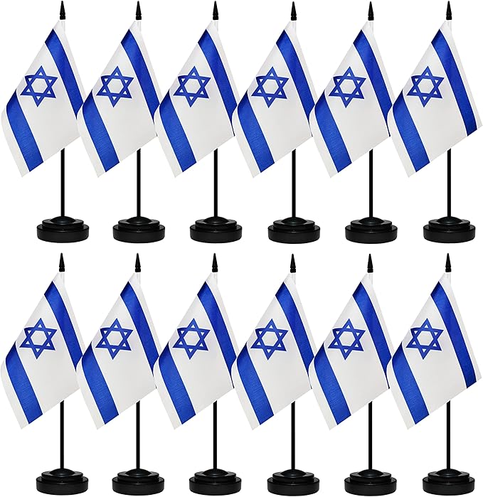 12 Pack Israel Desk Flags Set, Israeli Small Mini Table Office Flags with 12" Solid Black Pole, 8.2 x 5.5 Inches, Home and Office Decoration, Festival Celebrations