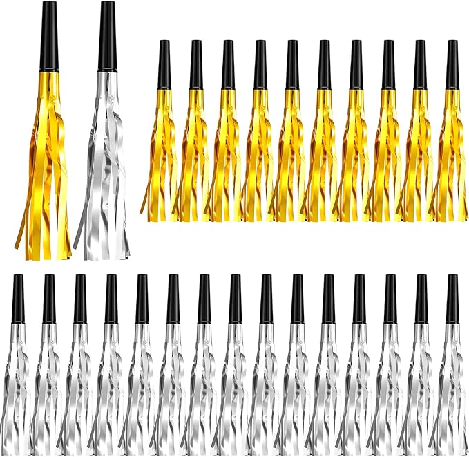 200 Pcs Party Blowers Noise Makers Party Horns Blowout Clappers Noisemakers for Halloween Christmas Birthday Sporting Party New Year's Eve Party Supplies 2025(Black Gold, Black Silver)