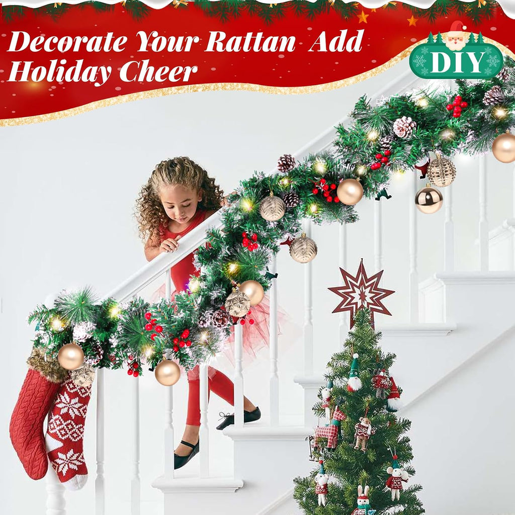 BlessedSeason 12FT Christmas Garland with Lights, Artificial Lighted Garland Indoor for Stairs, Fireplace, 65 Lights Green Garland, Cones & Red Berries & Pine Needle