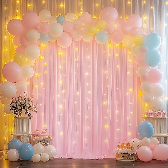 Tulle Backdrop Curtain with Lights String 10FT X 10FT Pink Sheer Tulle Backdrop Curtains for Wedding Birthday Party Reception Photo Booth Background Decorations (2 Panels 5x10FT)