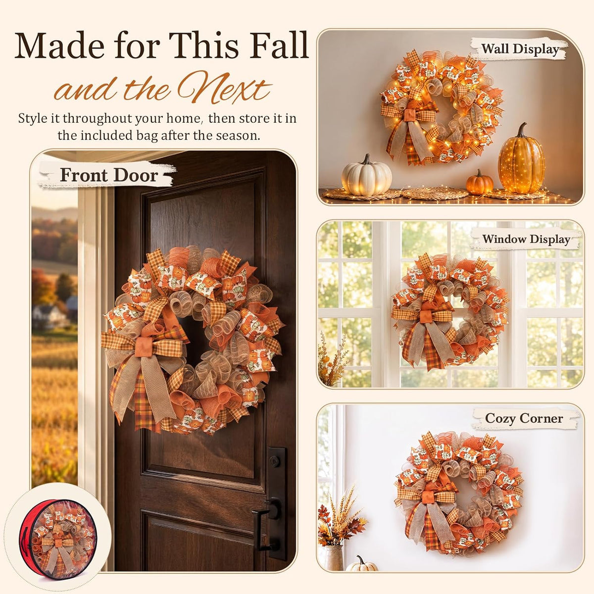 24 Inch Fall Wreaths for Front Door, Pumpkin Wreath