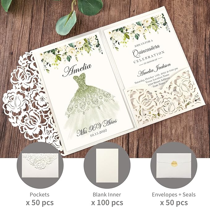 DORIS HOME 50pcs Laser Cut Quinceanera Invitations Green and Ivory White, 4.7x7.1 Blank Quince Invitations for 15th Birthday, Invitation cards for Sweet 16 with Envelopes