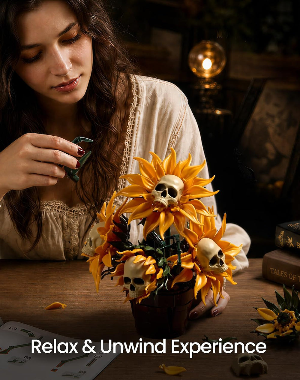 Gothic Skull Sunflower Potted Halloween Building Set for Adults
