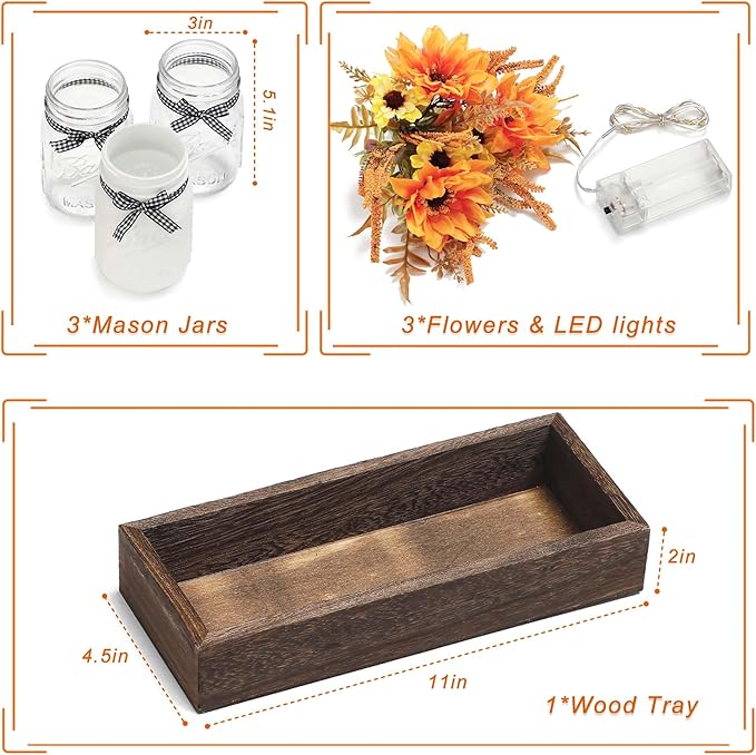Thanksgiving Mason Jar Centerpiece for Table with LED Lights & Artificial Flowers, Set of 3 Mason Jars Farmhouse Painted Decorative Jars for Fall Home Decor, Kitchen Table Centerpiece