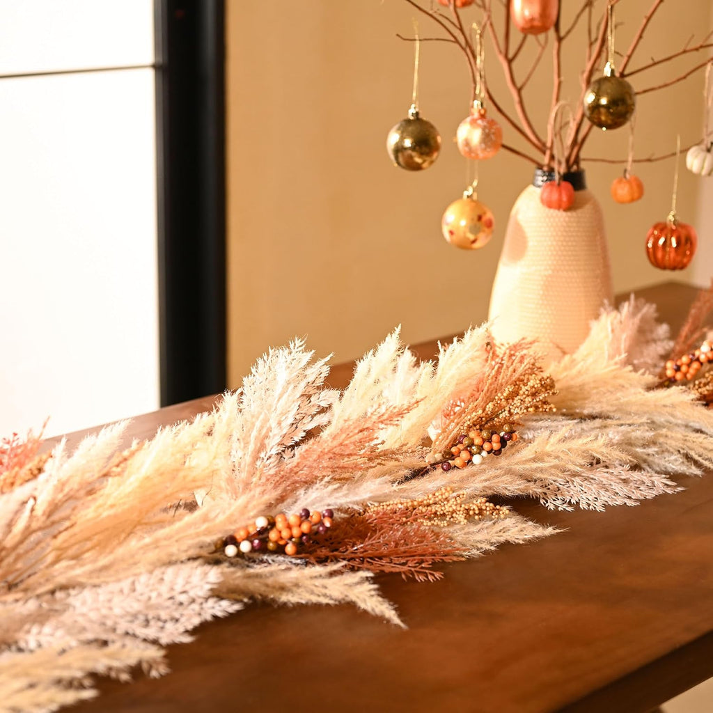 DecorbyHannah 6ft Neutral Fall Pampas Grass Garland for Mantle with Lights