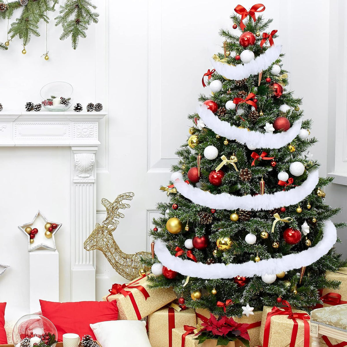 willbond faux fur ribbon christmas garland,white,3 inch x, side view