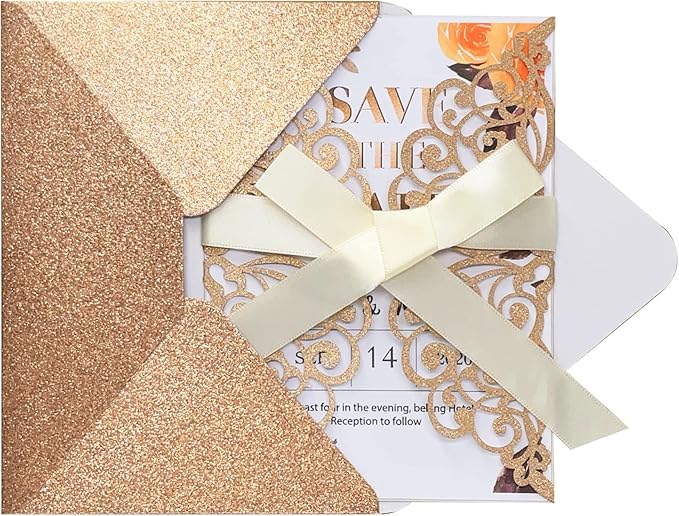 50Pcs Laser Cut Wedding Invitation With Glitter Envelopes And Ribbons Blank Personalized Card Invitaciones Para quinceañera Birthday Baby Shower Christmas Party Bridal Shower (Rose Gold)