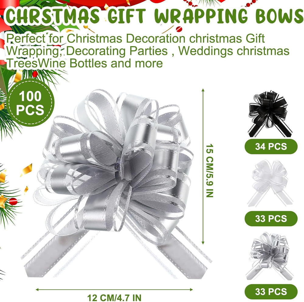 Tigeen 100pcs Large Christmas Pull Bows, Black White Bows for Gift Wrapping