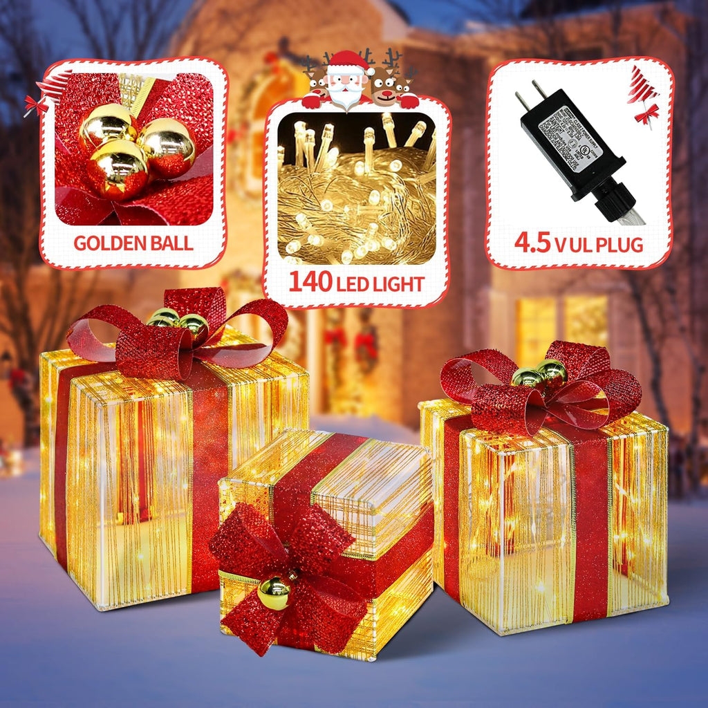 domkom set of 3 christmas lighted gift boxes, side view