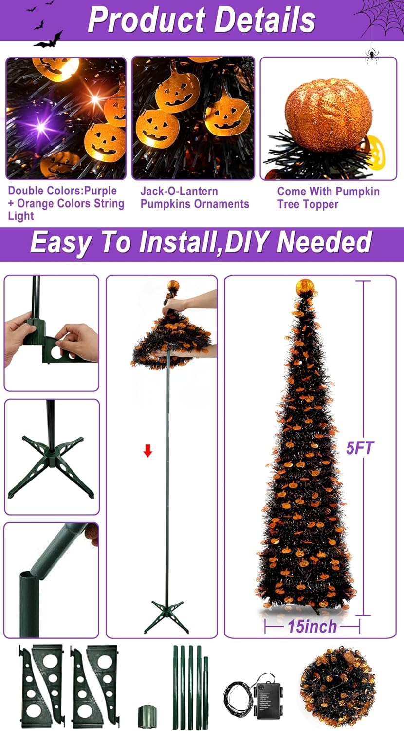 TURNMEON 5Ft Black Tinsel Halloween Tree with Lights Halloween Decorations