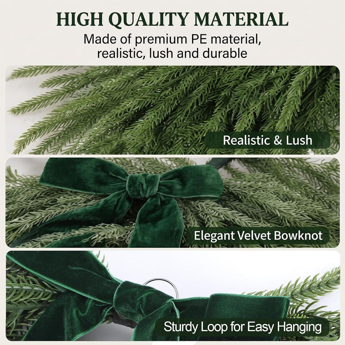 syhood 3 pcs 24'' christmas greenery teardrop swag, side view