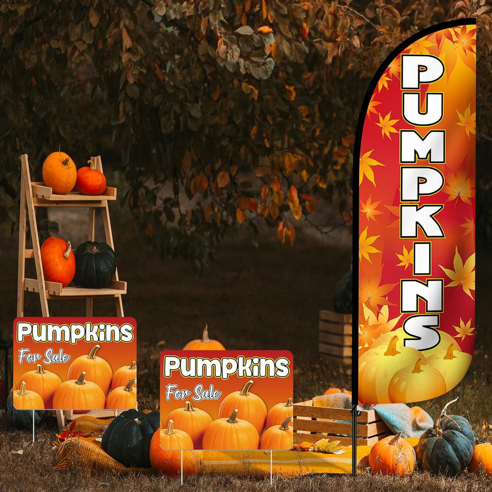 6 Pcs Pumpkin Feather Flag Kit with Yard Signs and Metal Stakes
