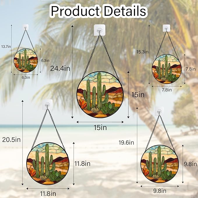 Stained Glass Window Hanging, Green Cactus Sun Catcher for Door Terrace Garden Home Decor, Abstract Desert Landscape Suncatcher Birthday Gifts for Lovers Women Men Dad Mom Nana 11.8 in