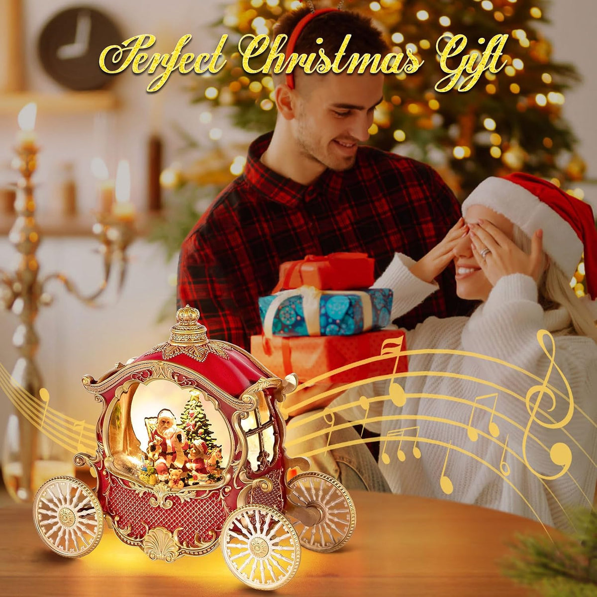 Christmas Snow Globes,Christmas Carriage Snow Globe with 8 Music & Timer, Battery Or USB Cable Powered Operated Glittering for Christmas Table Centerpiece Decoration.Gift- Santa,Christmas Tree
