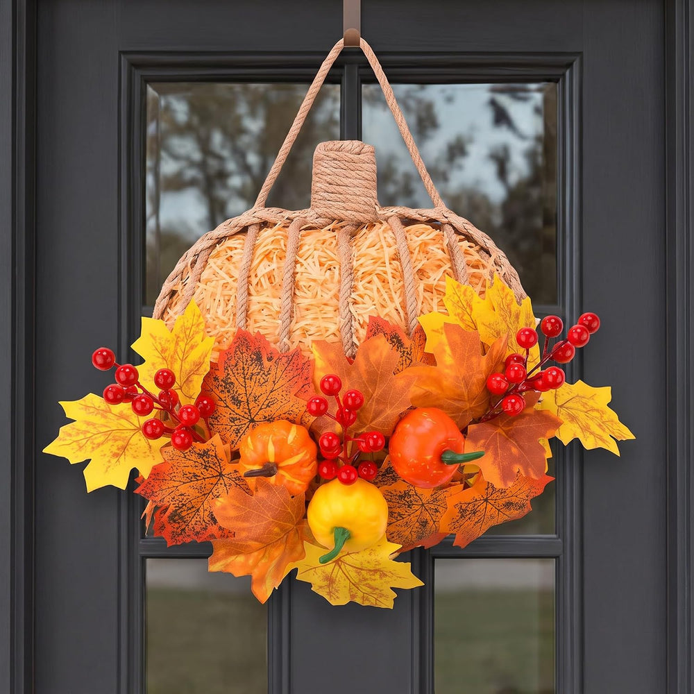 13 Inch Fall Pumpkin Wreath for Front Door, Artificial Pumpkin Maple Leaves