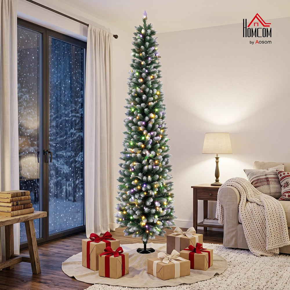 HOMCOM 8ft Pencil Prelit Christmas Tree, Dual Color, Flocked, Green White