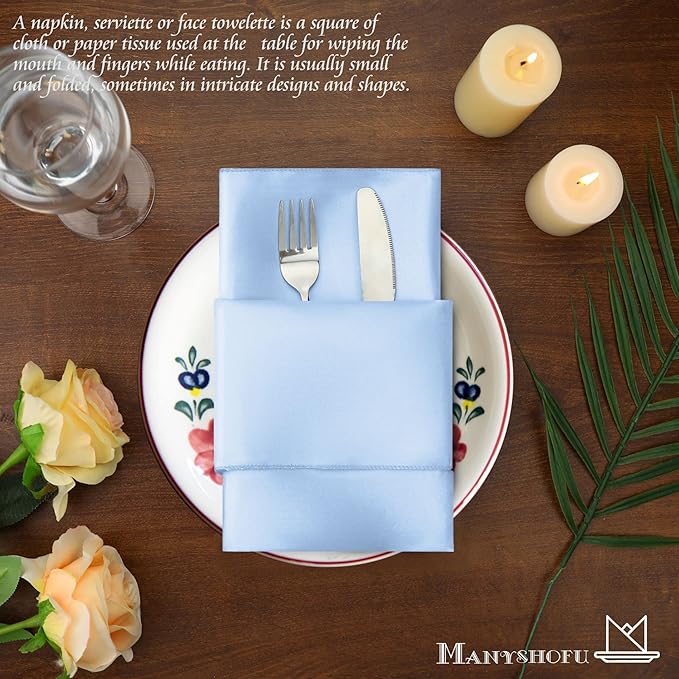 Manyshofu 60 Piece Baby Blue Satin Napkins - 20x20 Inch Square Fabric Napkins Set - Soft & Reusable for Wedding Dinner Party Lunch