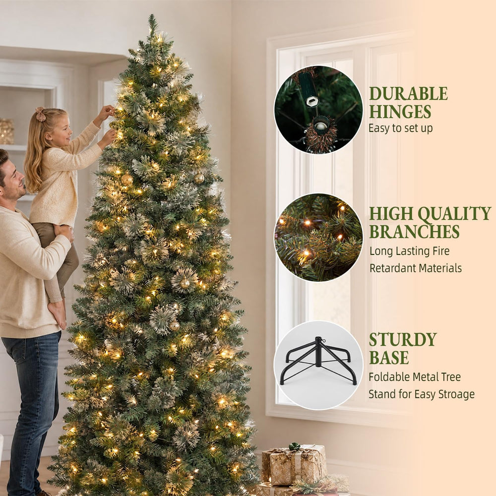7.5FT Artificial Hinged Prelit Slim Christmas Tree, Pine Needles