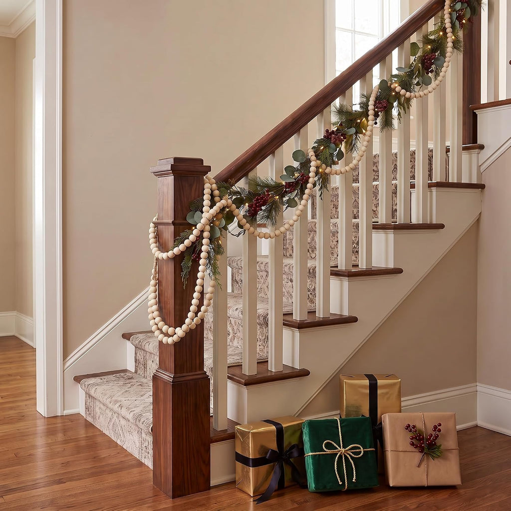 zennex 65.6 ft christmas wooden bead garland 2 on a desk or shelf