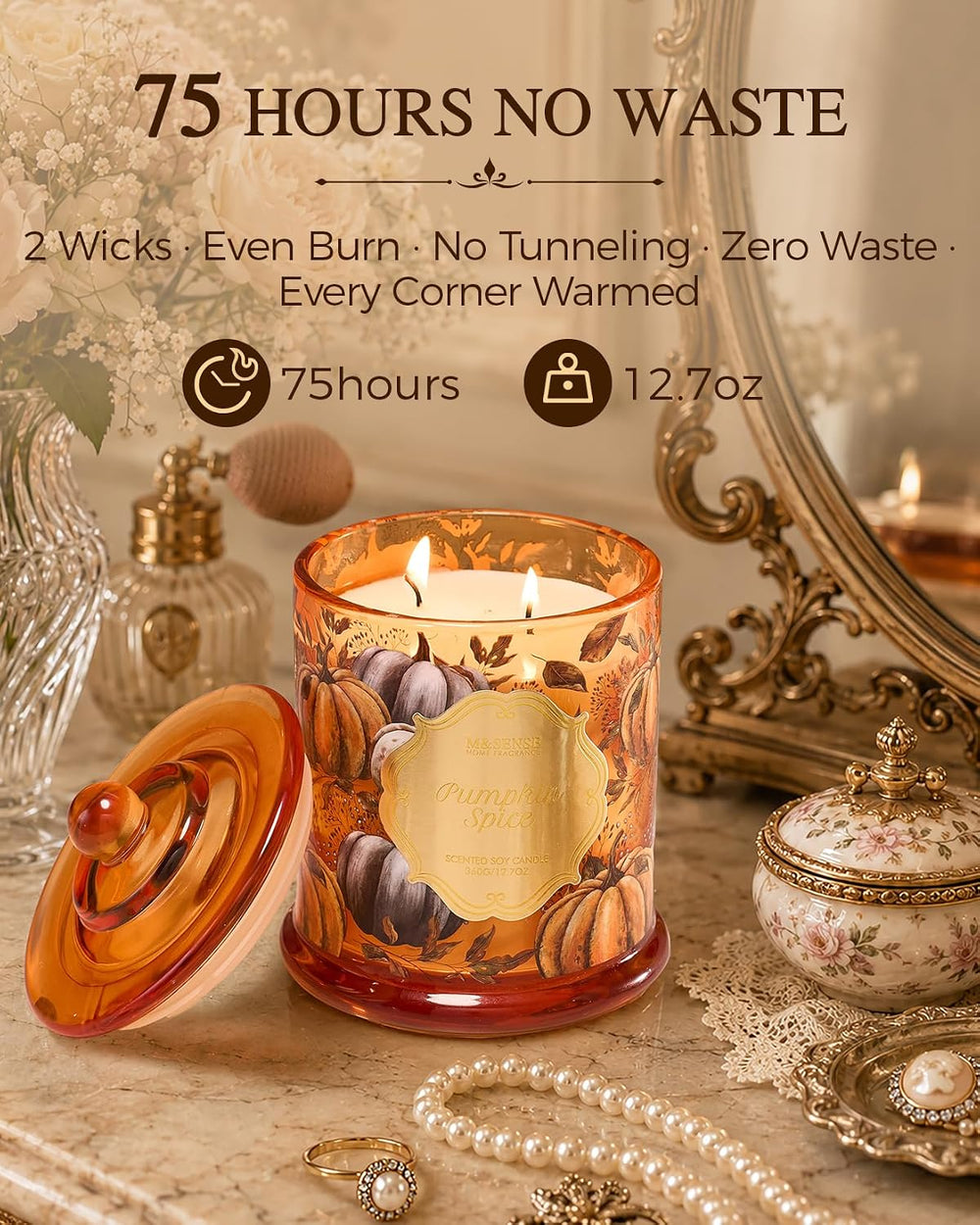 M&SENSE Pumpkin Spice Non Toxic Large Soy Candle, 12.7oz Harvest Scent
