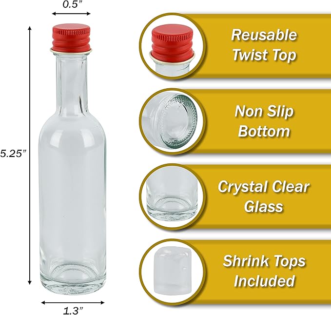 50 ml Mini Glass Bottles With Aluminum Lids and Heat Shrinks, 24 Pack (Red Caps) for Liquor Sauce Beverage Sample Party Favor Ginger Wellness Shots
