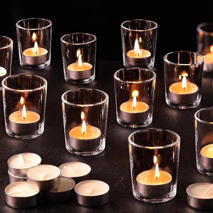 36Pcs Clear Tealight Candle Holder with 36pcs Tea Light Candles, Votive Candle Holders Glass with 4.5 Hour Long Burning for Table Centerpiece, Wedding Decor, Propose Party Home Decor